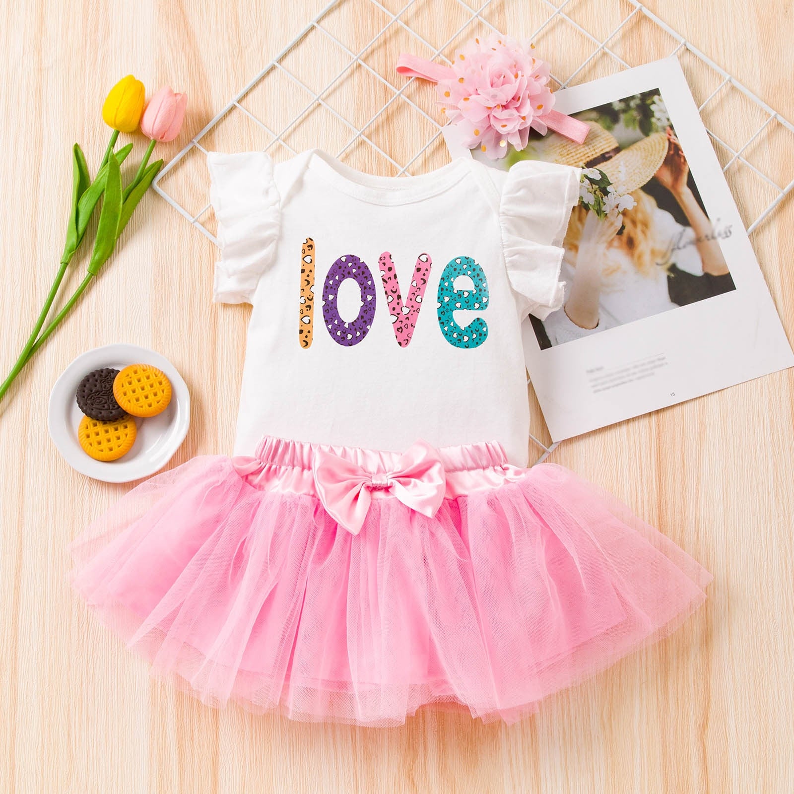 Newborn Baby Girl Valentine's Day Clothes Set - Love Letter Print Romper, Tulle Skirt and Headband 3Pcs Outfits