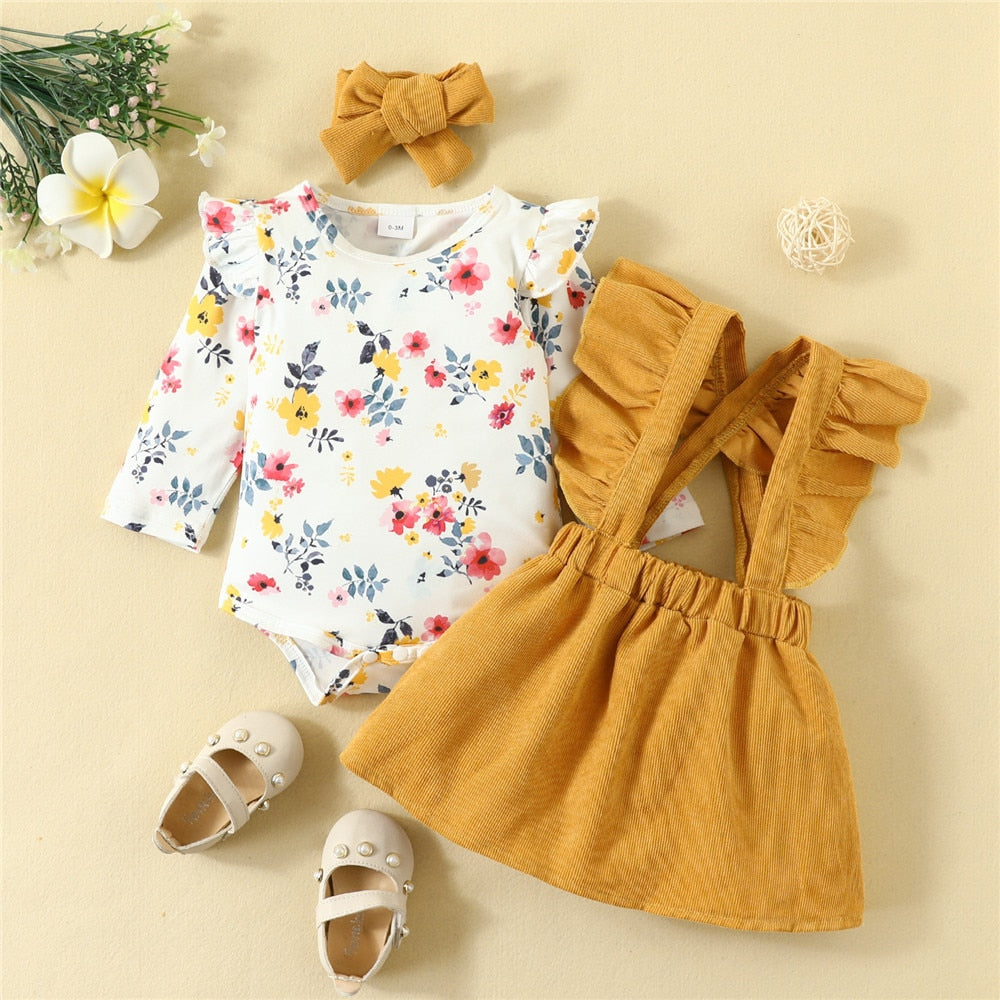 Adorable Floral Bodysuit and Corduroy Dress Set for Toddler Girls | Sweet Newborn Clothing