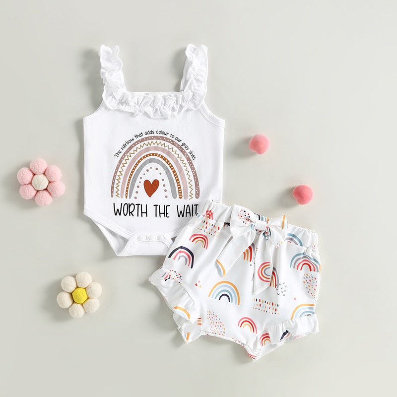 Fashionable Newborn Baby Girls Summer Clothes Sets with Rainbow Letter Print Bodysuits and Bowknot Shorts