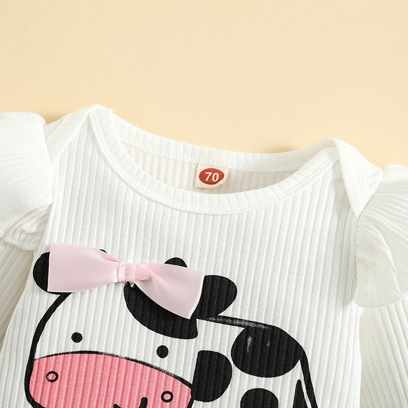 Adorable Cow Printed Baby Girl Romper Set with Ruffle Sleeves and Bowknot Pants