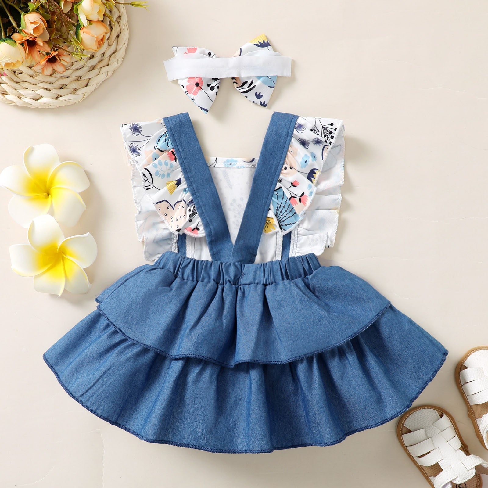 Newborn Baby Girl Summer Dress Set - Butterfly Print Party Princess Dress with Bow and Headband