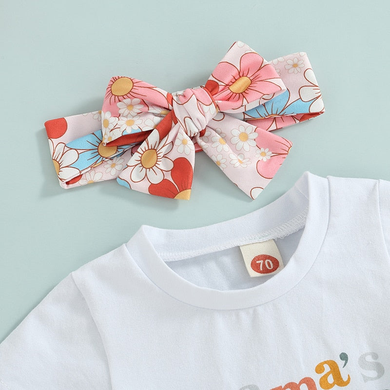 Summer Infant Baby Girl 3-Piece Outfit Set with Letter Print T-Shirt, Floral Shorts, and Headband