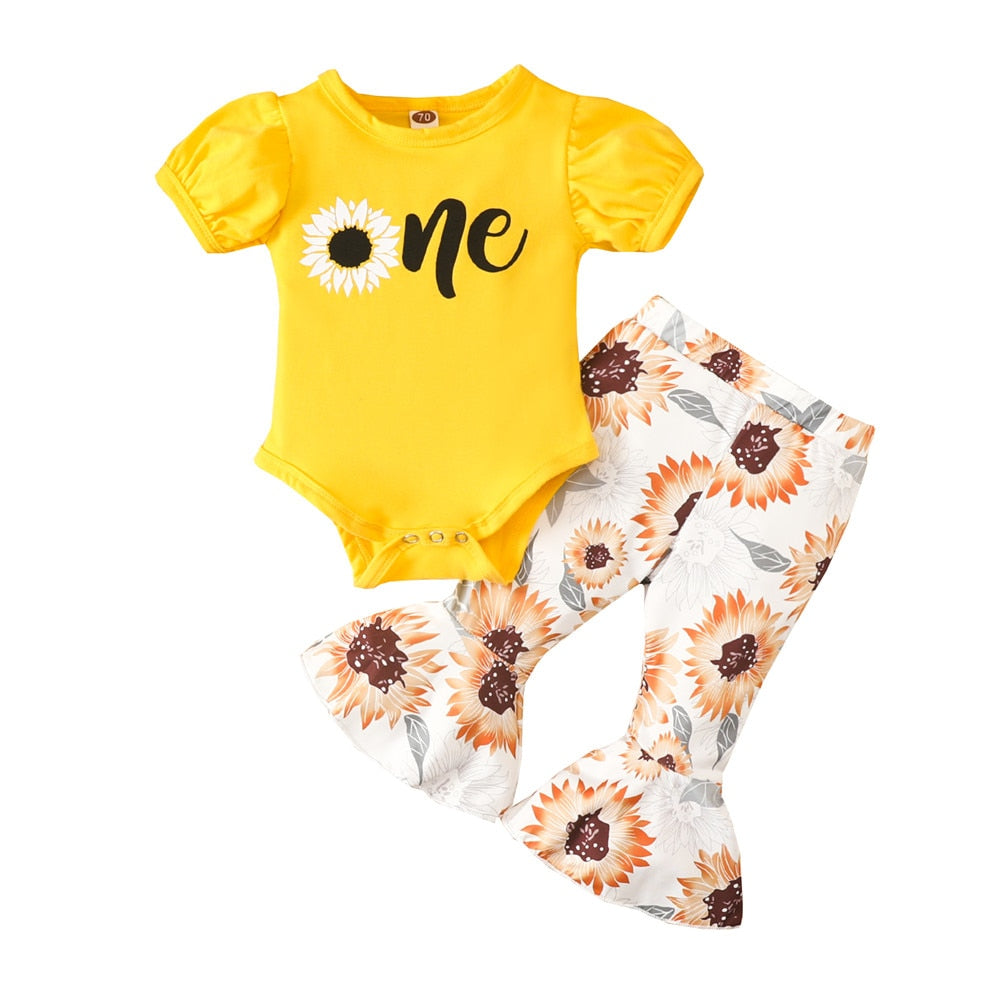 Flower Power Baby Girl Outfit: "One" Bodysuit and Bell Bottom Pants Set