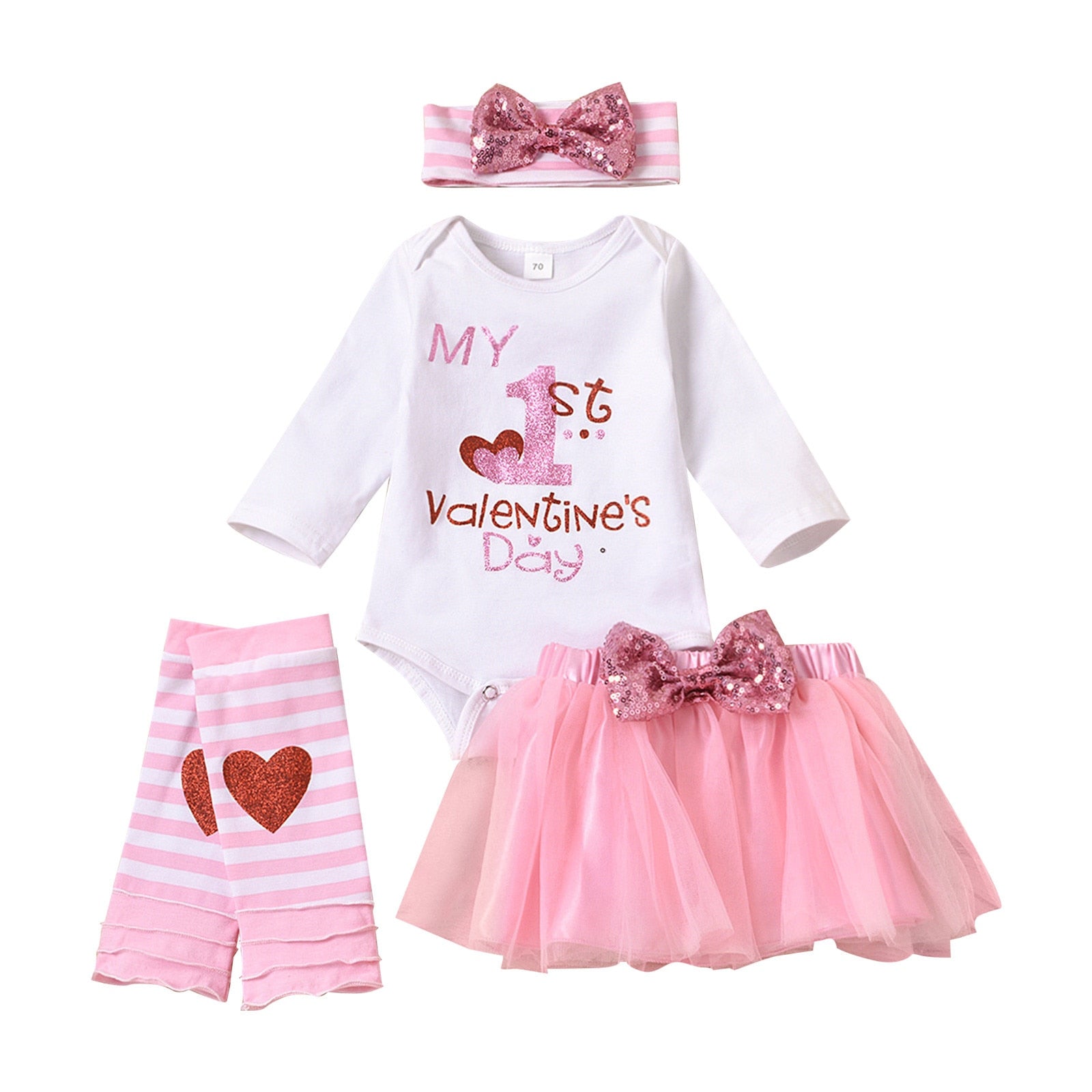 My 1st Valentine's Day Infant Baby Girls Clothes Set - Letter Print Long Sleeve Romper, Skirt, Hairband, and Leg Socks