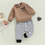 Boys Outfits Newborn Toddler Clothes Set Letter Print Long Sleeve Sweatshirt Tops and Elastic Casual Striped Pants Tracksuit - Babbez