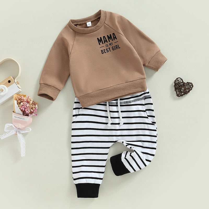 Boys Outfits Newborn Toddler Clothes Set Letter Print Long Sleeve Sweatshirt Tops and Elastic Casual Striped Pants Tracksuit - Babbez
