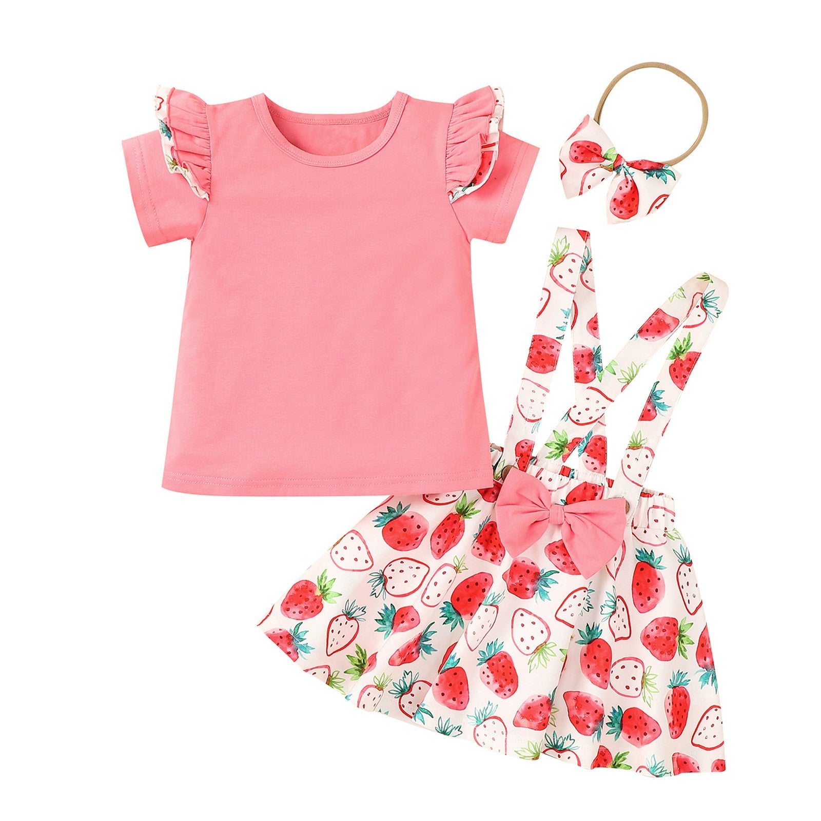 Adorable Summer Outfit for Toddler Baby Girls - Ruffle Sleeve Tops, Suspender Skirts, and Headband Sets