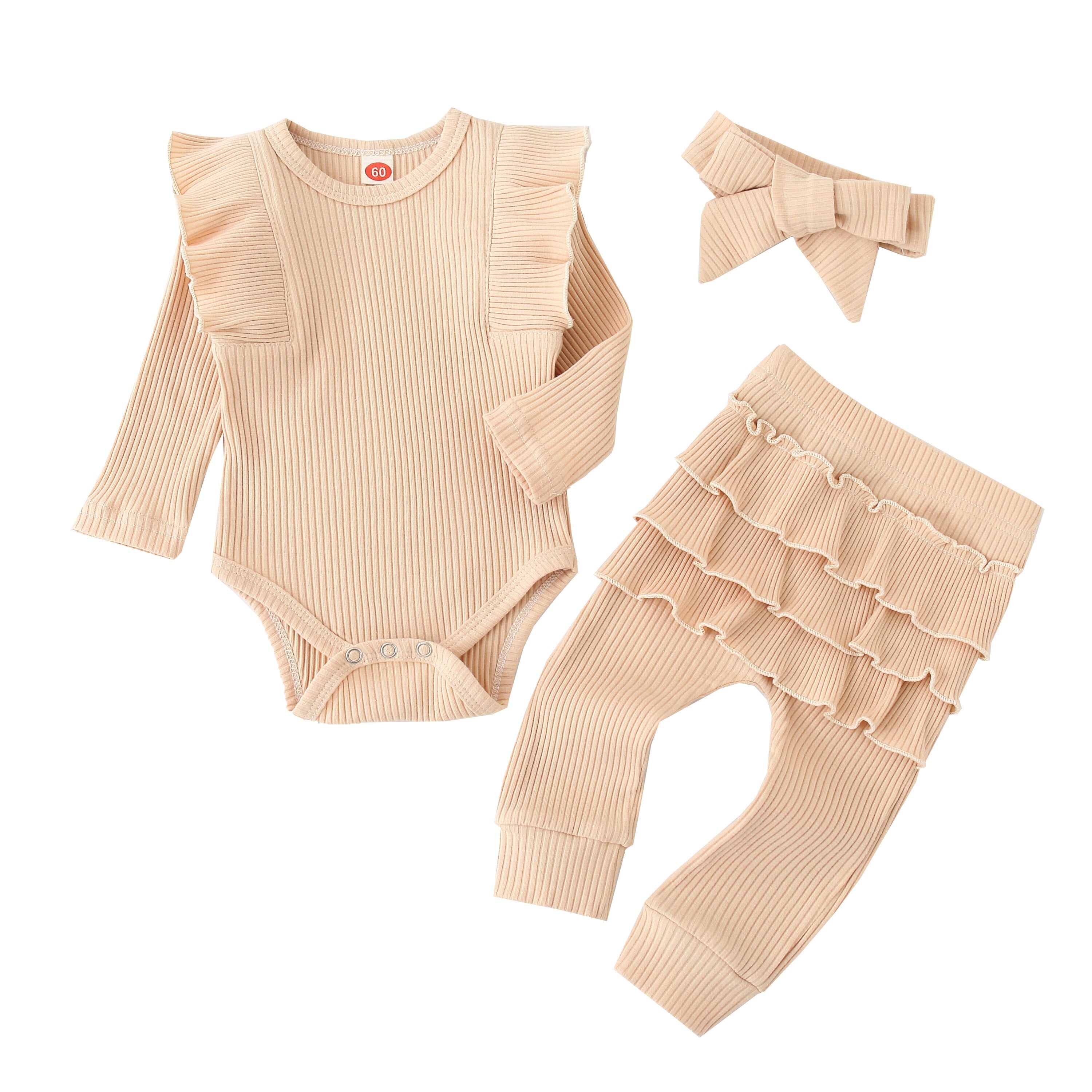 Adorable Baby Girl Outfit: Ruffles Romper with Insect Print Top, Bow Pants and Headband