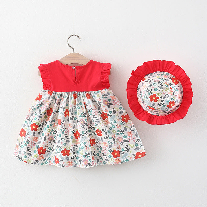 Adorable Girls' Summer Floral Dress with Flying Sleeves and Matching Hat