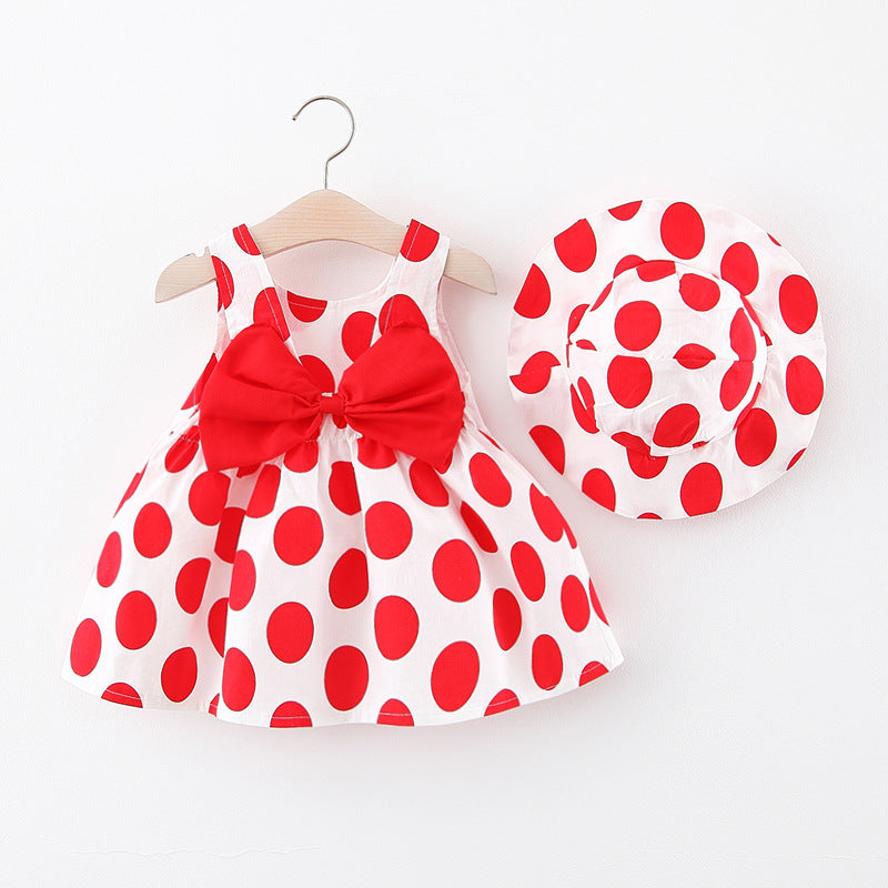 Charming Girls' Polka Dot Sleeveless Dress with Free Matching Hat - Perfect for Any Occasion