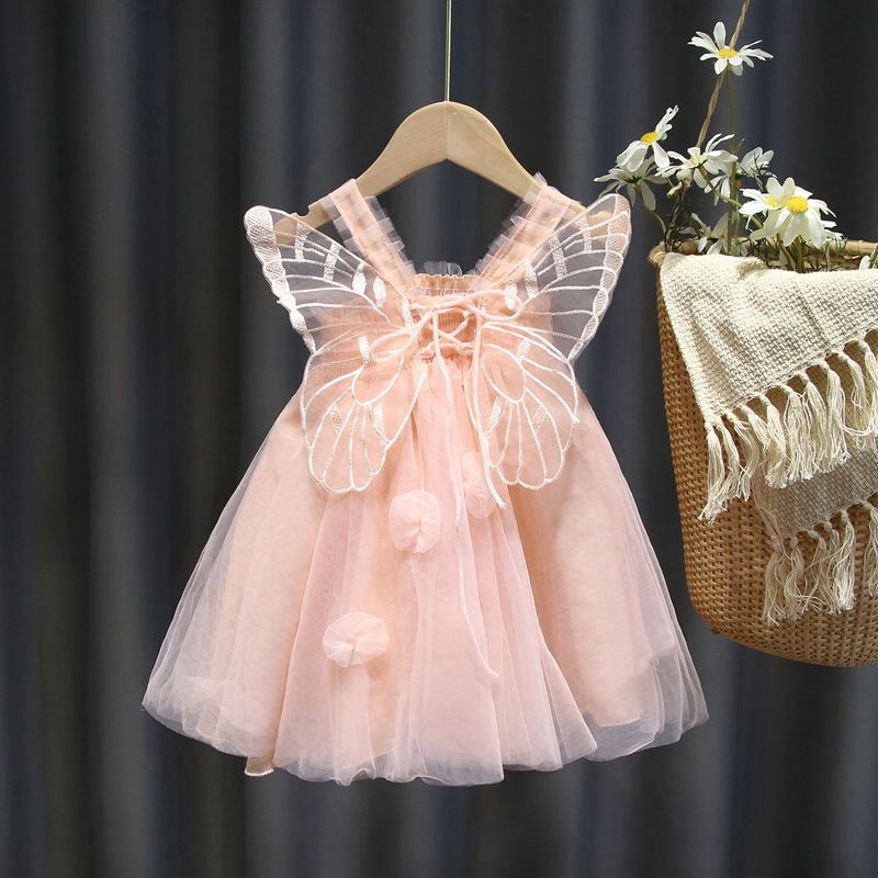 Fluttery Fun: Girls' Summer Mesh Butterfly Wings Puff Dress