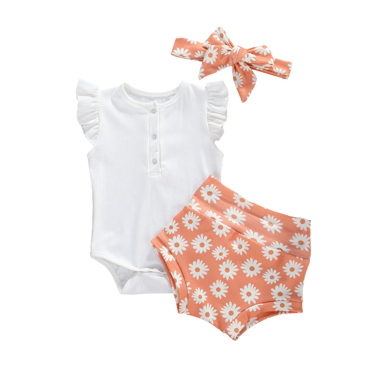 Infant And Toddler Suits Baby Girl Dark Button White Top Printed Shorts Suit Thre-piece Set - BabbeZz